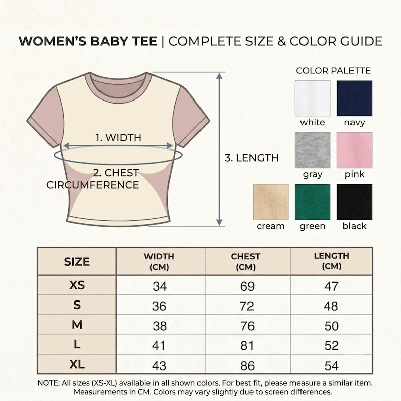 K&ouml;nnte beinhalten: Ein Gr&ouml;&szlig;en- und Farbleitfaden f&uuml;r ein Baby-T-Shirt mit einer Skizze, die Breite, Brustumfang und L&auml;nge markiert. Eine Farbpalette zeigt Wei&szlig;, Marineblau, Grau, Rosa, Creme, Gr&uuml;n und Schwarz zusammen mit einer detaillierten Gr&ouml;&szlig;entabelle.