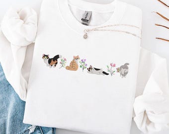 Camiseta bordada Calico Ginger Tabby, sudadera divertida con estampado de gato, sudadera retro con capucha floral para felinos, bordado de gato con flores silvestres estilo cottagecore