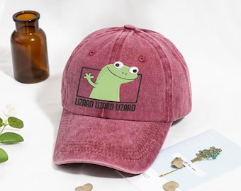 Gorra de béisbol bordada con lagarto, gorra vintage de papá con lagarto verde ondeando, gorra retro divertida de perfil bajo con reptil.