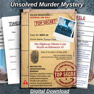 May include: A collection of crime scene investigation documents, including a file labeled "Top Secret" with a photo of a car. The documents feature text like "Unsolved Murder Mystery" and "Digital Download."