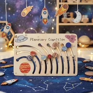 Könnte beinhalten: Holz-Puzzle zur Planeten-Erkenntnis mit Aussparungen von Planeten, Sonne und Mond. Das Puzzle hat eine Holzbasis mit Planetenbezeichnungen und Umlaufbahnen. Holzraketen, Kometen und ein Mond hängen darüber. Der Hintergrund zeigt eine Sternennacht.