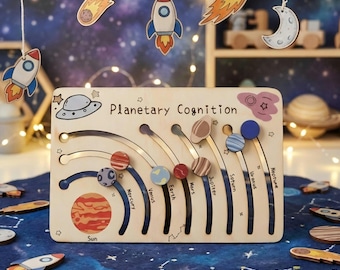 Puede incluir: Rompecabezas de cognición planetaria de madera con recortes de planetas, sol y luna. El rompecabezas tiene una base de madera con nombres de planetas y trayectorias orbitales. Cohetes, cometas y una luna de madera cuelgan arriba. El fondo es una noche estrellada.