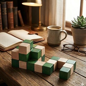 May include: A wooden snake puzzle with alternating green and natural wood blocks sits on a rustic wooden desk. The puzzle is partially assembled. A coffee mug, glasses, and a succulent plant are also on the desk.