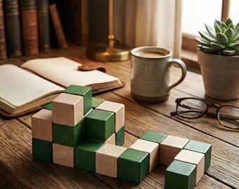May include: A wooden snake puzzle with alternating green and natural wood blocks sits on a rustic wooden desk. The puzzle is partially assembled. A coffee mug, glasses, and a succulent plant are also on the desk.