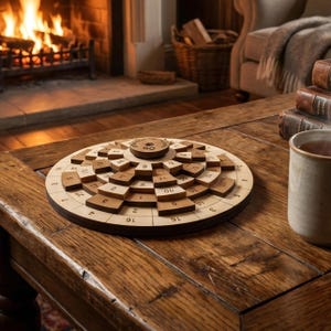 May include: A wooden puzzle game with a circular design, featuring numbered pieces and a central rotating disc. The game is set on a wooden table, with a fireplace and armchair in the background. The game's diameter is approximately 12 inches.