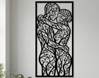 Hugging Lovers Tree Branch Wall Art – Minimalist Romance Metal Design (Vector Download)