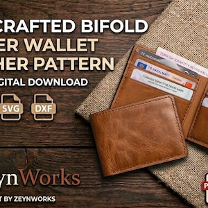 May include: A handcrafted bifold leather wallet pattern is shown, with the text "HANDCRAFTED BIFOLD LEATHER WALLET - LEATHER PATTERN" and "INSTANT DIGITAL DOWNLOAD". The wallet is open, displaying cards and cash. The image also includes PDF, SVG, and DXF file icons.