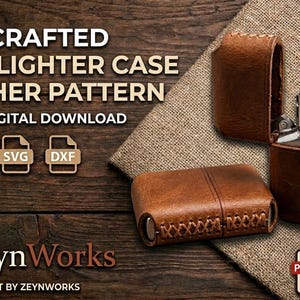 May include: Handcrafted brown leather Zippo lighter case with a stitched leather pattern. The image includes a Zippo lighter in a case, a separate case, and the text "HANDCRAFTED ZIPPO LIGHTER CASE - LEATHER PATTERN".