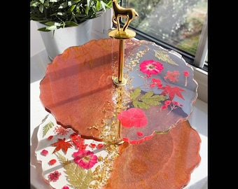 Unique Floral Serving Tray- Handmade Two-Tier Cake Stands with Real Dried Flowers
