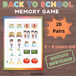 Peut inclure: Une feuille de jeu de mémoire Back to School imprimable présentant 20 paires d'icônes illustrées sur le thème de l'école, dont des trousses, livres, bus scolaires, enfants, colle, lampes, tableaux, ciseaux et pommes, avec le texte Paprikids.