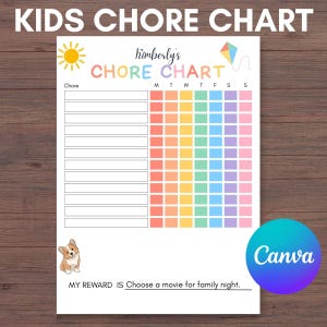 Peut inclure: Un tableau de tâches blanc avec le texte Kimberly's CHORE CHART, un soleil jaune, un cerf-volant coloré et une illustration de corgi. Le tableau comprend une colonne pour les tâches et sept colonnes pour les jours avec des cases colorées.