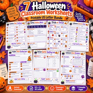 Peut inclure: Un ensemble de sept fiches d'exercices scolaires sur le thème d'Halloween au format 21,6 x 27,9 cm. Les pages proposent des activités comme des calculs, des jeux de mots, des quiz et des lectures, illustrées de citrouilles et de fantômes.