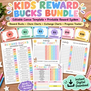 May include: A kids reward bucks bundle featuring printable templates including reward bucks in denominations of 1, 2, 3, 5, 10, and 20, chore charts, exchange charts, and progress trackers with colourful text and graphics for a reward system.