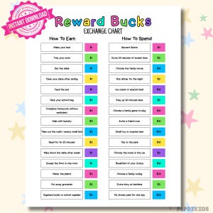 Peut inclure: Un tableau d'échange de Reward Bucks imprimable avec des cases colorées et du texte. Le tableau répertorie les tâches pour gagner de l'argent et les récompenses pour le dépenser. Comprend le texte "Téléchargement instantané".