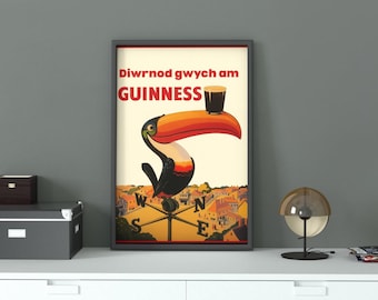 Vintage Guinness Welsh-poster: glanzende afdruk "Diwrnod Gwych am Guinness"