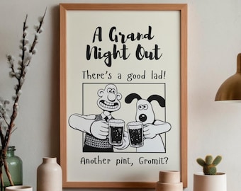 Een groots avondje uit – retro grappige Britse pub cartoonprint geïnspireerd op Wallace and Gromit