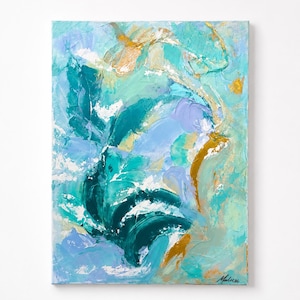 May include: An abstract painting on canvas featuring thick, textured brushstrokes in shades of teal, turquoise, light blue, and lavender. The composition includes prominent streaks of metallic gold paint and a signature in the bottom right corner.