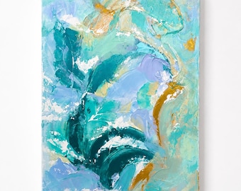 May include: An abstract painting on canvas featuring thick, textured brushstrokes in shades of teal, turquoise, light blue, and lavender. The composition includes prominent streaks of metallic gold paint and a signature in the bottom right corner.