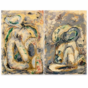 May include: A diptych of two rectangular paintings featuring abstract, textured figures in a seated, curled position. The color palette consists of layered cream, grey, gold, and dark green paint with visible brushstrokes and thick impasto texture.