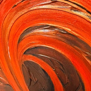 May include: An abstract painting on canvas featuring thick, textured impasto brushstrokes in vibrant orange and deep brown. The paint is applied in sweeping, curved lines that create a sense of movement and depth across the surface.