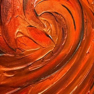 May include: An abstract oil painting on canvas featuring thick, textured impasto brushstrokes in shades of burnt orange, copper, and deep bronze. The paint is applied in swirling, circular motions, creating a dynamic sense of movement.