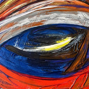 May include: An abstract oil painting featuring thick, textured impasto brushstrokes in vibrant shades of red, orange, blue, white, and yellow. The composition displays swirling, layered horizontal bands of color that create a sense of movement.