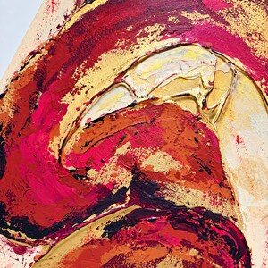 May include: An abstract painting on canvas featuring thick, textured impasto brushstrokes in vibrant shades of crimson, magenta, and deep orange, contrasted against a smooth, metallic gold background with visible paint layering.