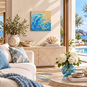 May include: A square abstract painting featuring swirling shades of blue, turquoise, and gold, displayed on a beige wall. The artwork uses thick, textured brushstrokes to create a dynamic, wave-like composition with vibrant color contrasts.