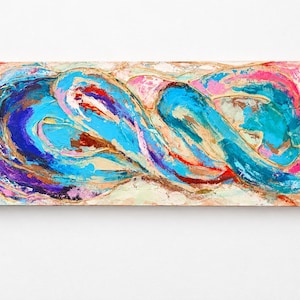 May include: A rectangular abstract painting featuring thick, textured layers of paint in vibrant shades of turquoise, bright blue, magenta, purple, and gold. The composition displays swirling, fluid forms with visible brushstrokes and a signature in the corner.