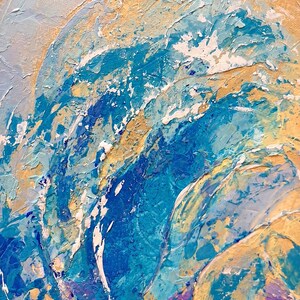 May include: An abstract oil painting featuring thick, textured impasto brushstrokes in shades of bright blue, turquoise, and white, layered over a warm, sandy beige background with subtle hints of violet and gold throughout the composition.