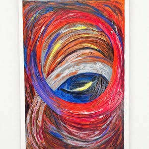 May include: An abstract oil painting on canvas featuring thick, textured brushstrokes in vibrant shades of red, orange, and purple. The composition is dominated by swirling circular patterns that converge toward a central dark blue eye-like shape.