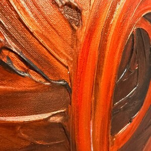 May include: An abstract painting on canvas featuring thick, textured brushstrokes in shades of metallic copper, burnt orange, and deep chocolate brown. The composition displays sweeping, curved lines that create a sense of movement and depth.