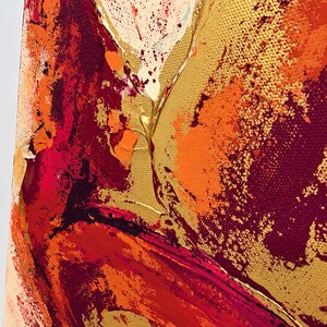 May include: An abstract painting on canvas featuring thick, textured layers of paint in shades of deep crimson, vibrant orange, and metallic gold. The composition displays swirling, impasto-style brushwork with visible paint peaks.
