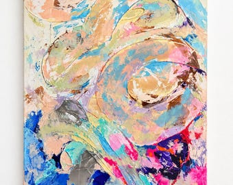 May include: An abstract painting on canvas featuring thick, textured layers of paint in shades of peach, sky blue, deep navy, magenta, and cream. The composition displays swirling, organic shapes and bold, energetic brushstrokes throughout.