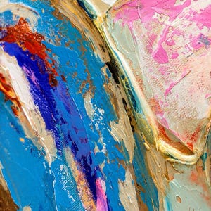 May include: An abstract oil painting on canvas featuring thick, textured impasto brushstrokes. The composition displays a vibrant palette of cobalt blue, bright pink, deep red, and metallic gold, with visible canvas weave and layered paint.