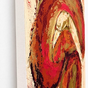 May include: A rectangular canvas painting featuring thick, textured layers of paint in shades of deep red, bright crimson, and metallic gold. The composition displays abstract, curved, and swirling forms with visible brushstrokes and impasto techniques.