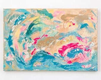 May include: An abstract painting on canvas featuring thick, textured brushstrokes in shades of teal, bright pink, soft peach, and metallic gold. The composition displays swirling, layered paint applications with visible impasto techniques.