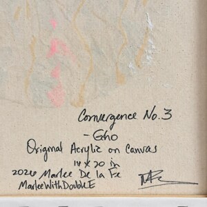 May include: An acrylic painting on canvas titled Convergence No. 3 - Echo by Marlee De la Fe, dated 2020. The artwork features abstract paint strokes in pink, tan, and white on a beige canvas, measuring 14 x 20 inches with a signature.