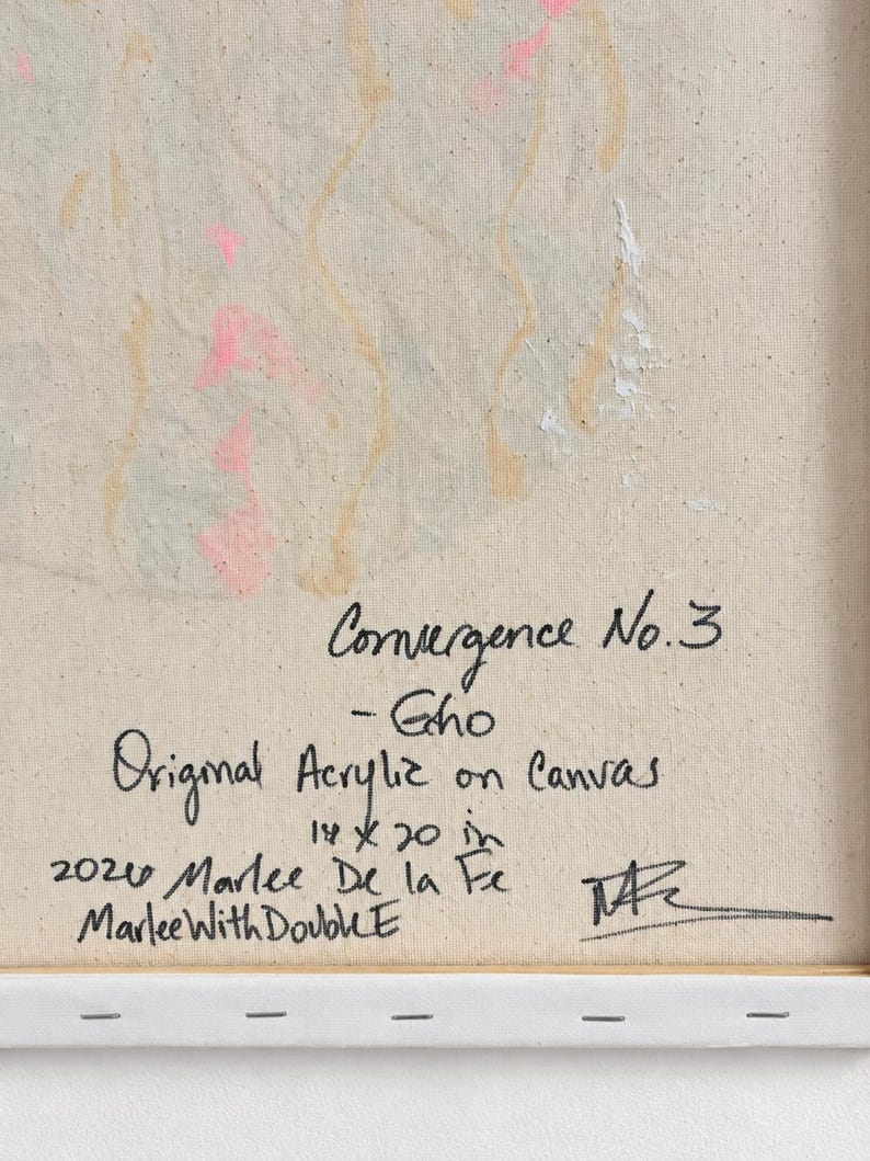 May include: An acrylic painting on canvas titled Convergence No. 3 - Echo by Marlee De la Fe, dated 2020. The artwork features abstract paint strokes in pink, tan, and white on a beige canvas, measuring 14 x 20 inches with a signature.