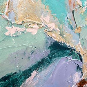 May include: An abstract oil painting on canvas featuring thick, textured impasto brushstrokes in shades of turquoise, mint green, soft lavender, and cream, with accents of deep forest green and touches of warm brown throughout the composition.