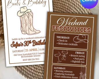 Invito di compleanno a tema stivali e bollicine, pacchetto itinerario, programma a tema cowgirl western, festa a Scottsdale, Austin e Nashville, modificabile con Canva