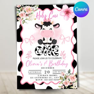 Holy Cowgirl verjaardagsuitnodiging, verjaardag uitnodigen, Holy Cow Girl 1e verjaardag uitnodigen, Barnyard Party, canvas bewerkbare sjabloon