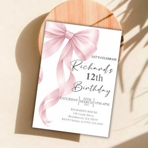 Pink Bow Birthday Invitation, Coquette Birthday Party Invite, Elegant Birthday Template, Girl’s Birthday Evite, Canva Editable Template