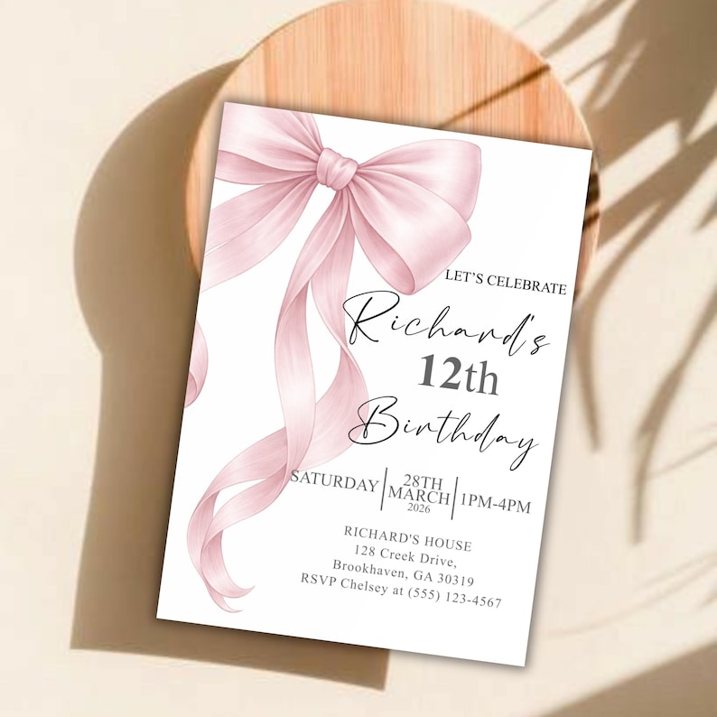 Pink Bow Birthday Invitation, Coquette Birthday Party Invite, Elegant Birthday Template, Girl’s Birthday Evite, Canva Editable Template