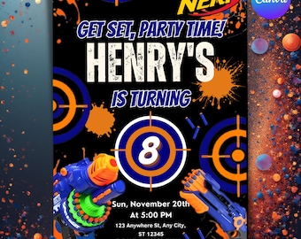 Kids Nerf Birthday Invitation Template, Birthday Nerf Party Invitations, Birthday Invitations, Kids Party  Invite Template, Canva Editable