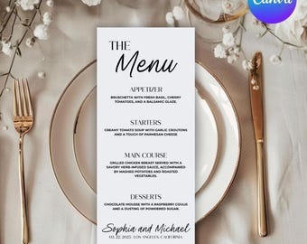 Modello di menu di matrimonio moderno, menu di matrimonio digitale, modello di menu personalizzato per la cena di matrimonio, modello di menu di matrimonio digitale da scaricare con Canva