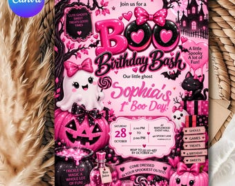 Boo Spooktacular Party Invitation, Pink Ghost Boo Party Invitation, Girl Halloween Birthday Party Invitation, Editable Canva Template