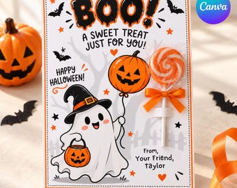 Printable Halloween Lollipop Holder, Kids Halloween Treat Cards, Classroom Trick or Treat Favor Tag, Spooky Digital Download
