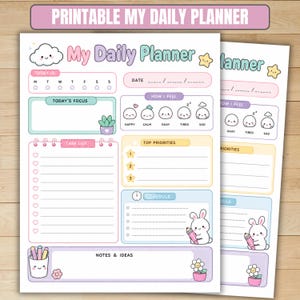 Peut inclure: Une feuille de planning quotidien imprimable avec le texte My Daily Planner, des sections pour la date, les priorités, la liste des tâches, l'emploi du temps et des notes. Le design inclut des tons pastel, un nuage, une étoile et un lapin.