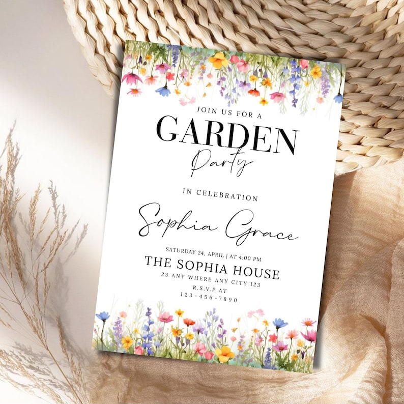 Wildflower Garden Birthday Invitation , Editable Floral Canva Template, Digital Download canva editable